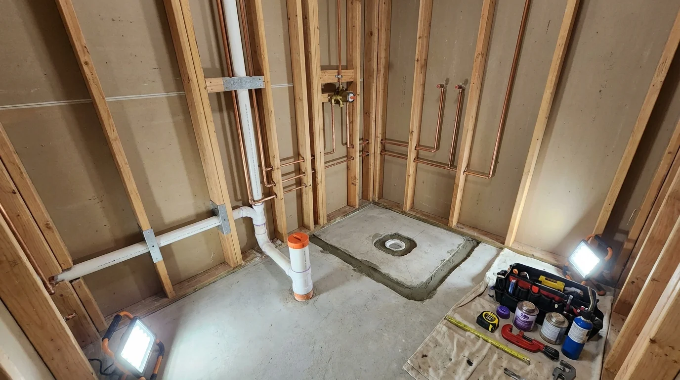 Bathroom rough-in plumbing during remodel by Johns Plumbing LLC in Mount Prospect