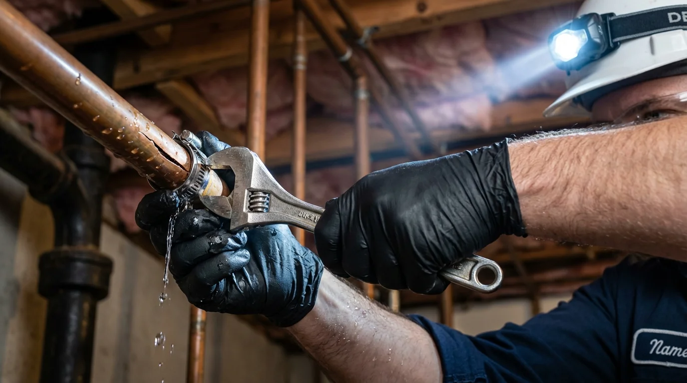 Emergency pipe clamp repair being performed by a Johns Plumbing LLC plumber in Mount Prospect