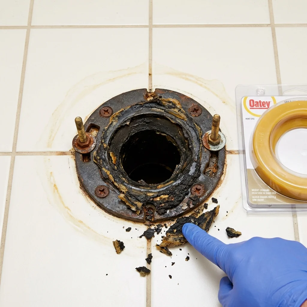 Failed wax ring showing water seepage at the base of a toilet in a Mount Prospect, IL home