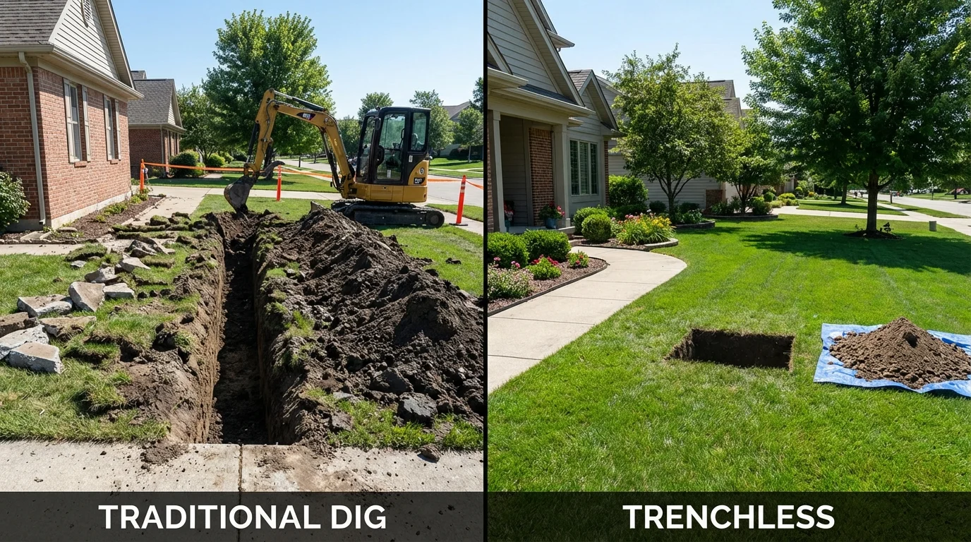 Trenchless sewer repair with minimal yard damage versus traditional excavation in Mount Prospect, IL