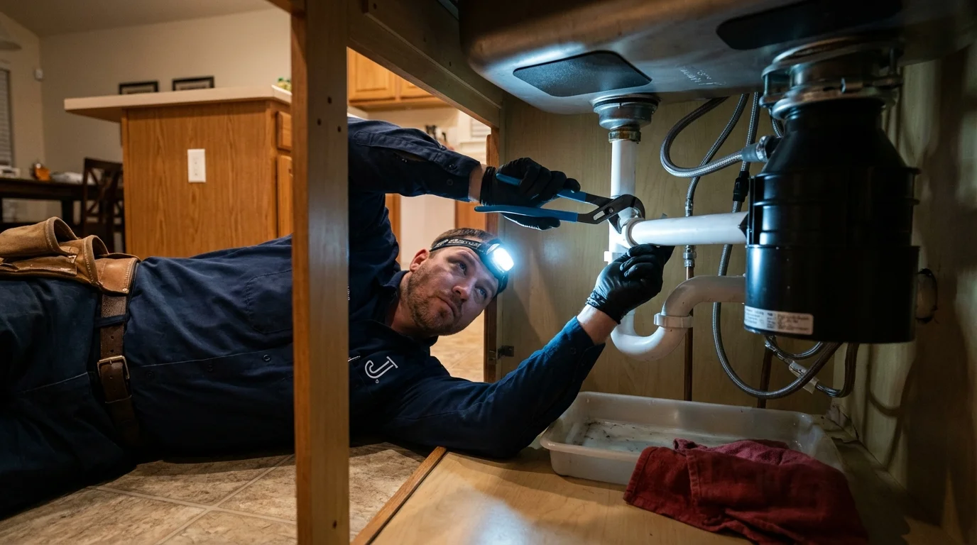 P-trap and supply line connections under a kitchen sink showing a common leak point in Mount Prospect, IL